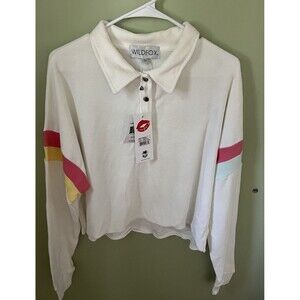 Wild Fox Candy Stripe Miami Polo Shirt Vanilla Terry Cloth Long Sleeve Medium